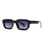 Black rectangular acetate sunglasses with purple gradient lenses on white background
