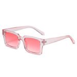 Transparent pink rectangular sunglasses with thick frame and pink gradient lenses on white background