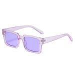 Transparent lavender rectangular sunglasses with thick frame and purple lenses on white background