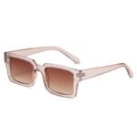 Transparent nude rectangular sunglasses with thick frame and brown gradient lenses on white background