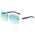 Square metal sunglasses with double bridge, green gradient lenses, and wood-look temples on white background