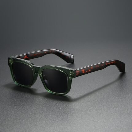 Women’s square sunglasses with transparent green frame and black UV400 lenses
