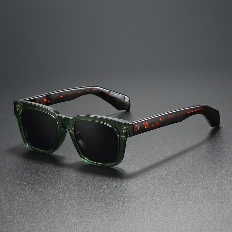 Women’s square sunglasses with transparent green frame and black UV400 lenses
