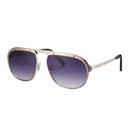 Unisex oversized gold aviator sunglasses featuring a flat-top shield design with decorative metal screws and navy blue lenses.