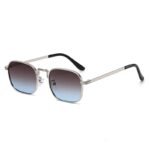 Silver square sunglasses with metal frame and blue gradient lenses on white background