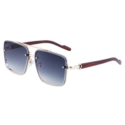 Square metal sunglasses with double bridge, blue gradient lenses, and wood-look temples on white background