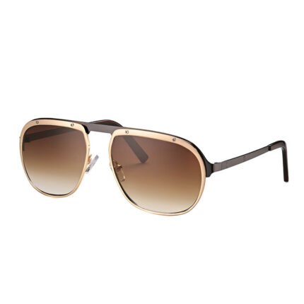 Unisex oversized gold aviator sunglasses featuring a flat-top shield design with decorative metal screws and navy blue lenses.