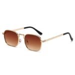 Gold square metal sunglasses with brown gradient lenses on white background