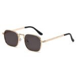 Gold square metal sunglasses with solid dark lenses on white background
