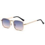 Gold square metal sunglasses with blue gradient lenses on white background