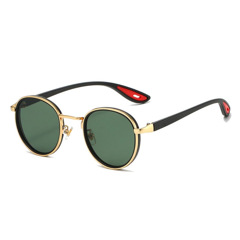 Round sunglasses with black and gold frame, green lenses, and black temples with red inner tips