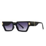 Black rectangular sunglasses with thick frame, gold accents, and purple gradient lenses on white background