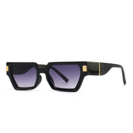 Black rectangular sunglasses with thick frame, gold accents, and purple gradient lenses on white background
