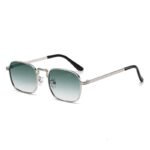 Silver square metal sunglasses with green gradient lenses on white background