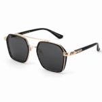 Men’s modern square navigator sunglasses with black frames, gold double-bridge metal detailing, and dark polarized lenses.