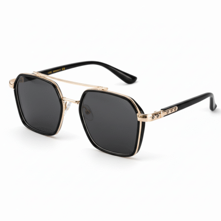 Men’s modern square navigator sunglasses with black frames, gold double-bridge metal detailing, and dark polarized lenses.