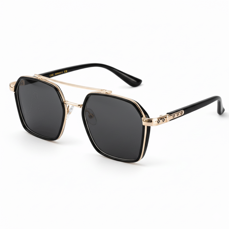 Men’s modern square navigator sunglasses with black frames, gold double-bridge metal detailing, and dark polarized lenses.