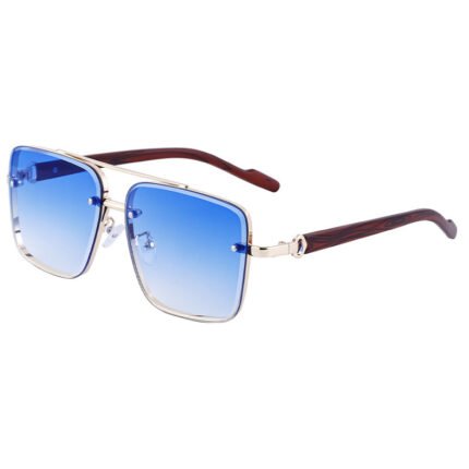 Square metal sunglasses with double bridge, bright blue gradient lenses, and wood-look temples on white background