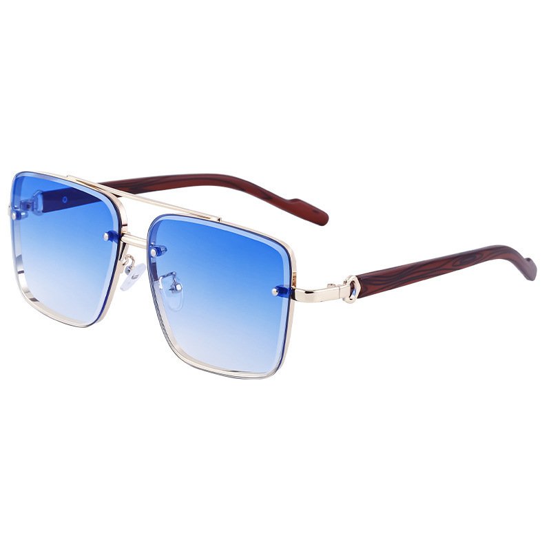 Square metal sunglasses with double bridge, bright blue gradient lenses, and wood-look temples on white background