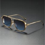 Women’s square gold metal sunglasses with double bridge and gradient lenses on dark background