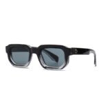 Black rectangular acetate sunglasses with grey lenses and clear inner frame on white background