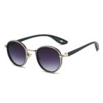 Round sunglasses with black and gold frame and purple gradient lenses