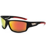 Black and red polarized sport sunglasses with mirrored lenses and UV400 protection