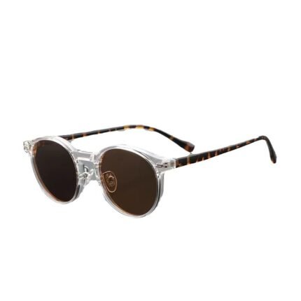 Transparent round sunglasses with brown lenses and tortoiseshell temples, modern unisex eyewear style