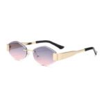Rimless oval sunglasses with gold metal temples, black tips, and purple-to-pink gradient lenses on a white background