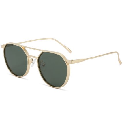 Round gold metal polarized sunglasses with dark green lenses, lightweight unisex frame, classic minimalist style