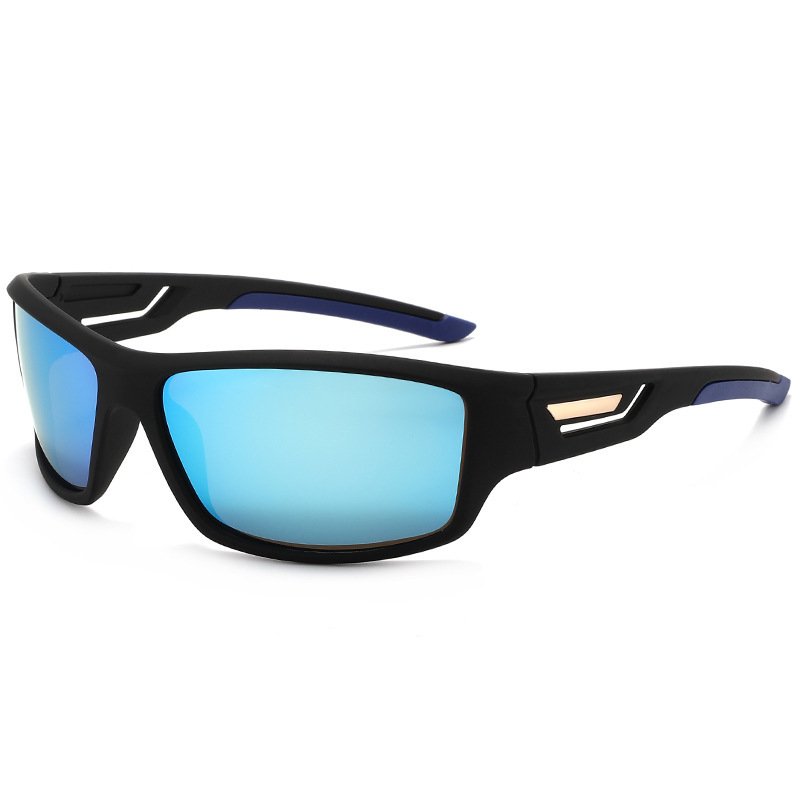 Black wraparound sport sunglasses with blue mirror polarized lenses and UV400 protection