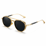 Luxury round sunglasses with gold metal frame and black UV400 lenses