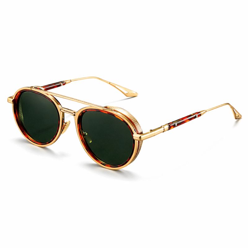 Luxury round sunglasses with gold frame, tortoiseshell accents and green UV400 lenses