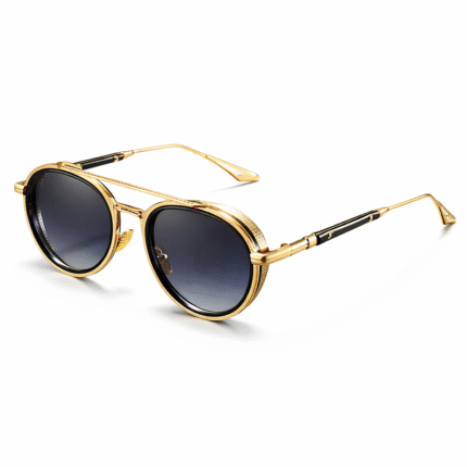 Luxury round sunglasses with gold metal frame and black gradient UV400 lenses