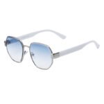 Square metal sunglasses with white arms and blue gradient lenses