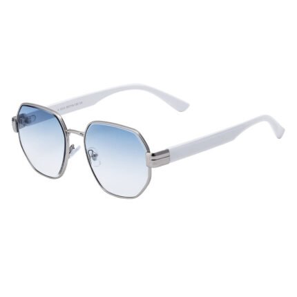 Square metal sunglasses with white arms and blue gradient lenses