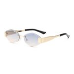 Rimless oval gradient sunglasses with gold metal temples, black tips, and light champagne lenses on a white background.