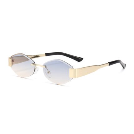 Rimless oval gradient sunglasses with gold metal temples, black tips, and light champagne lenses on a white background.