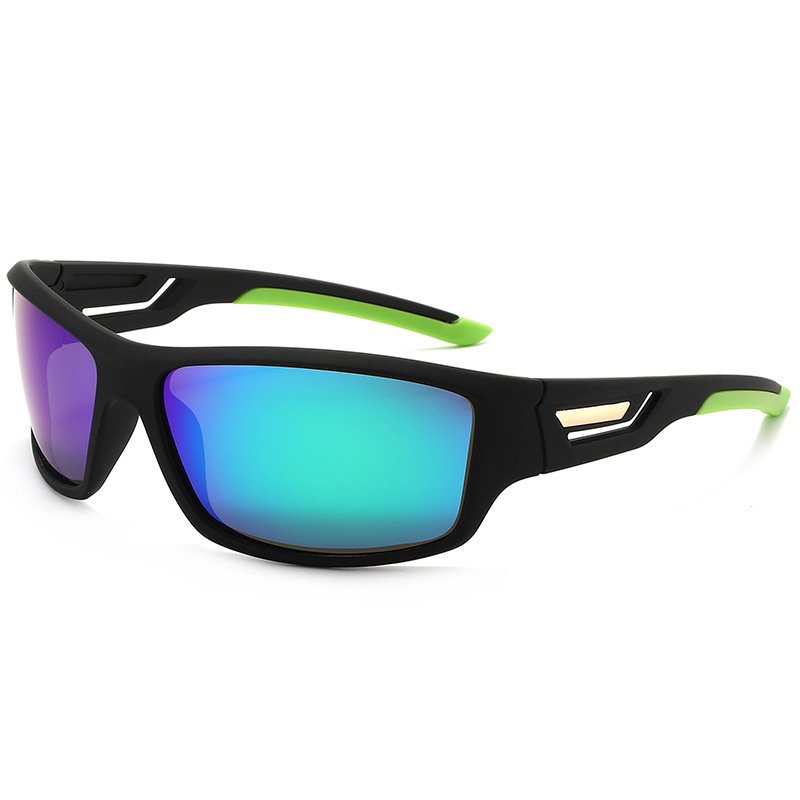 Black wraparound sport sunglasses with green mirror polarized lenses and UV400 protection